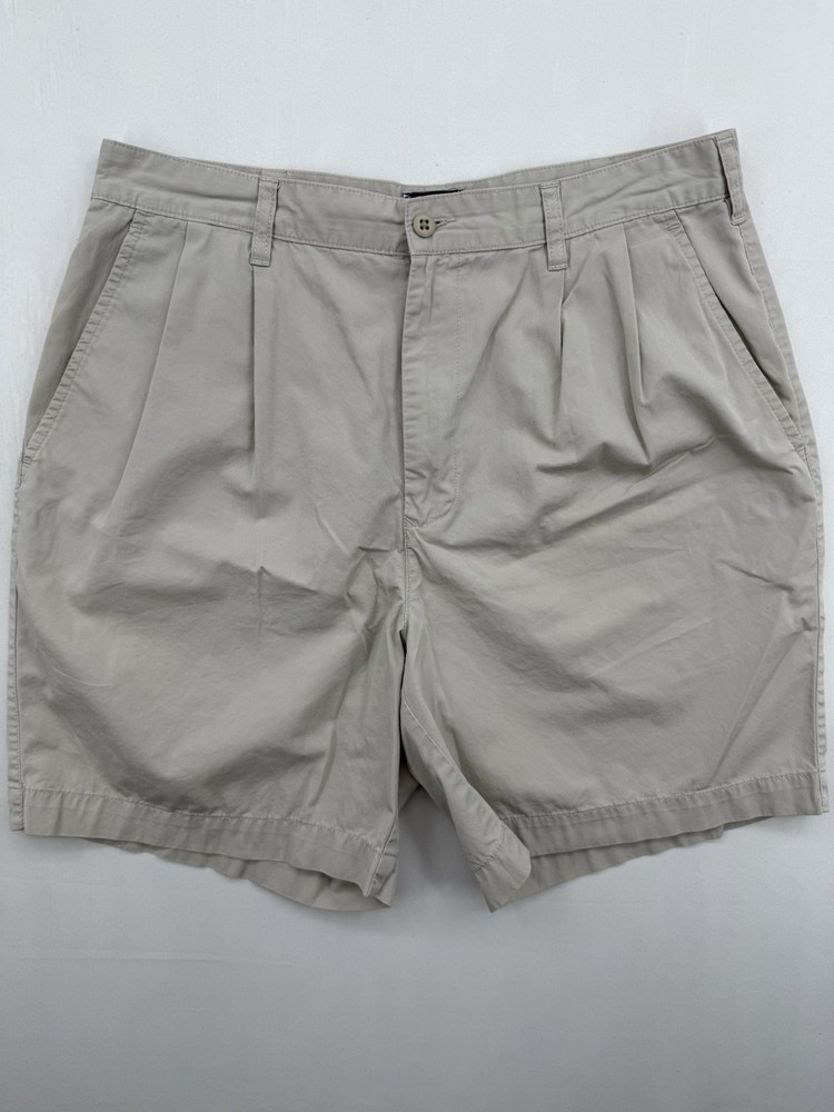 VTG Tommy Hilfiger Pleated Chino Shorts Mens 34 Khaki Cotton Twill Crest Logo