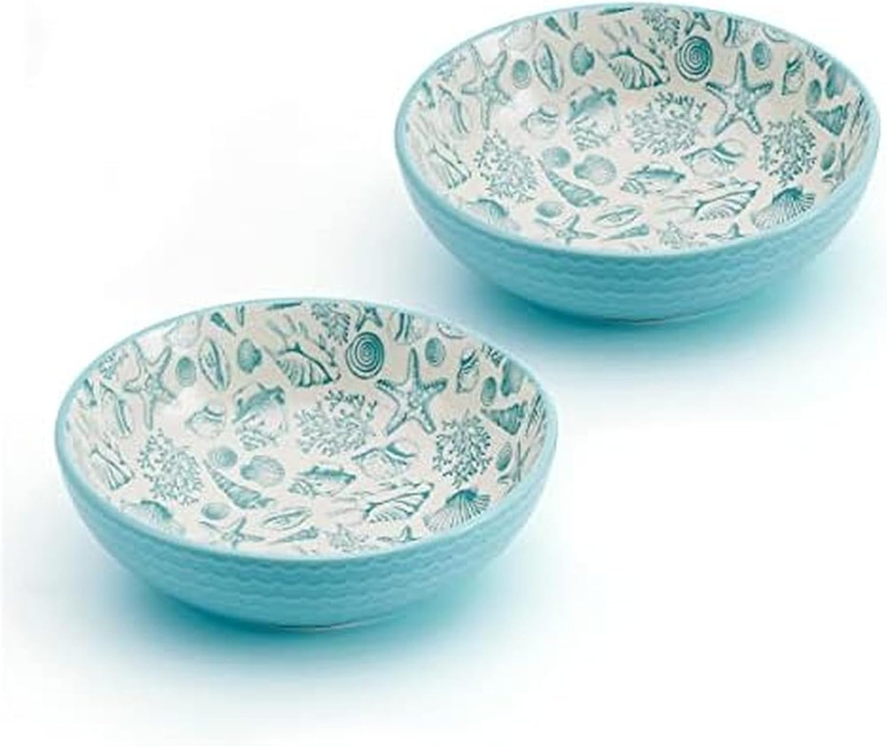 Venice Set of 2 Pasta Bowls, 8 Inch, Teal and White