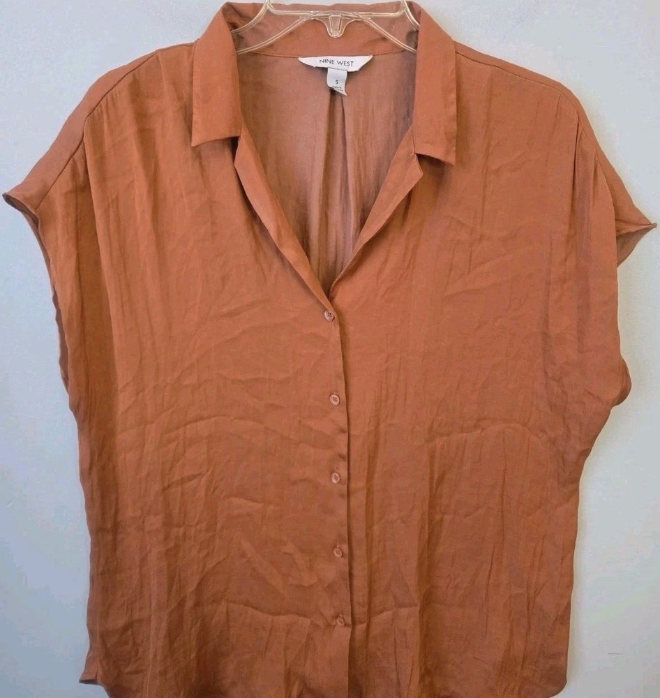 Nine West Womens Button Front Blouse Size Small Rust Brown Collared Short Sleeve