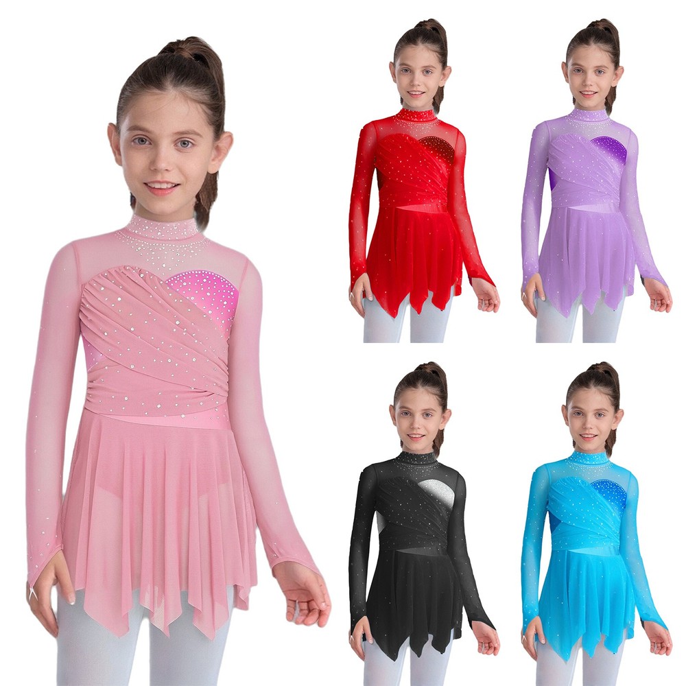 Kids Girls Long Sleeve Figure Skating Dress Mock Neck Leotard Ballet Dance Dress