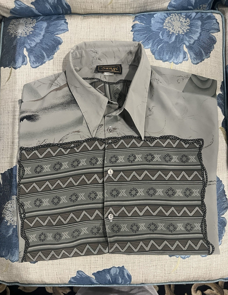 Sangi Men's Gray/Black Geometric Short Sleeve Button-Up Shirt XL, Point Collar