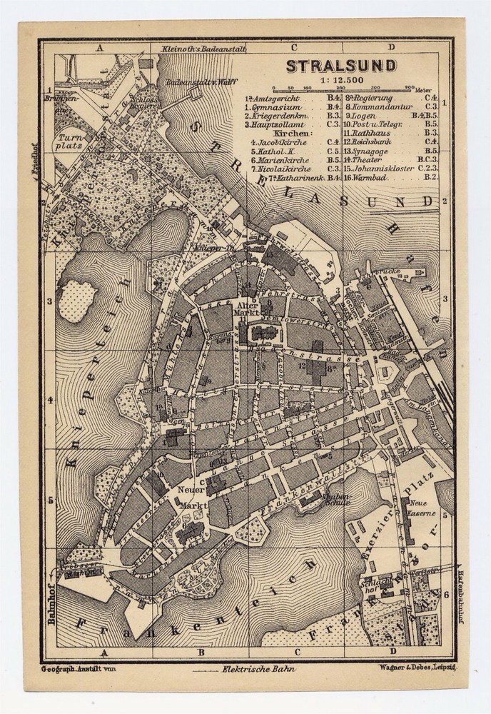 1904 Antique City Map Of Stralsund Mecklenburg Vorpommern Pomerania / Germany