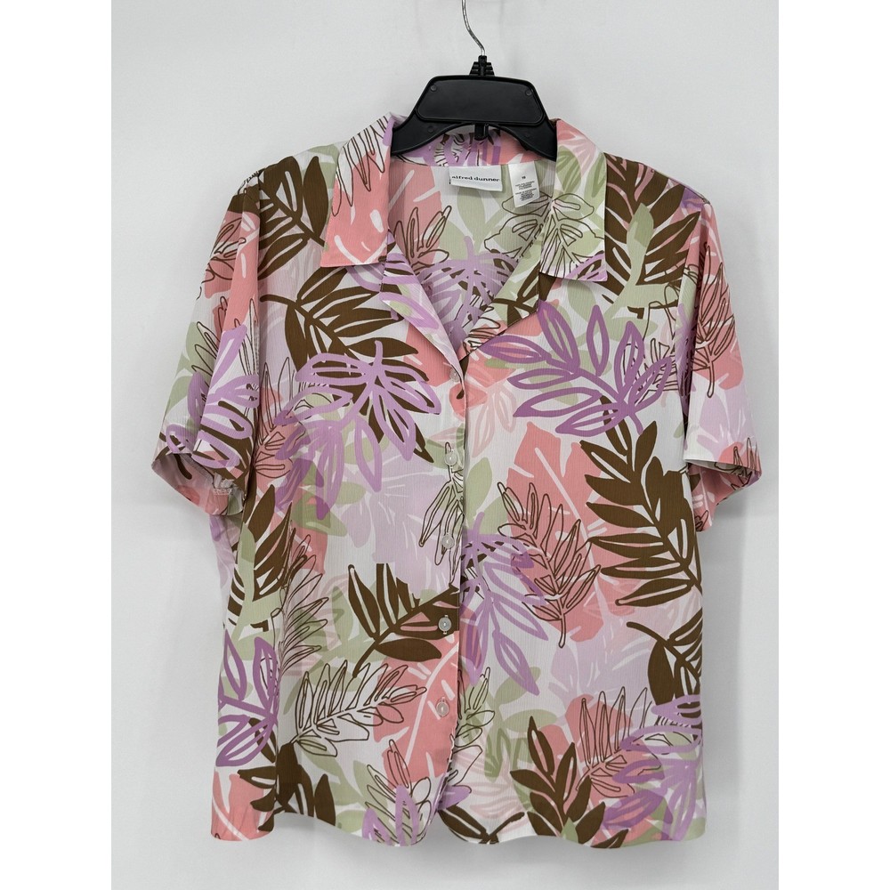 Alfred Dunner Tropical Leaf Blouse Womens 16 Multicolor Good Short Sleeve Button