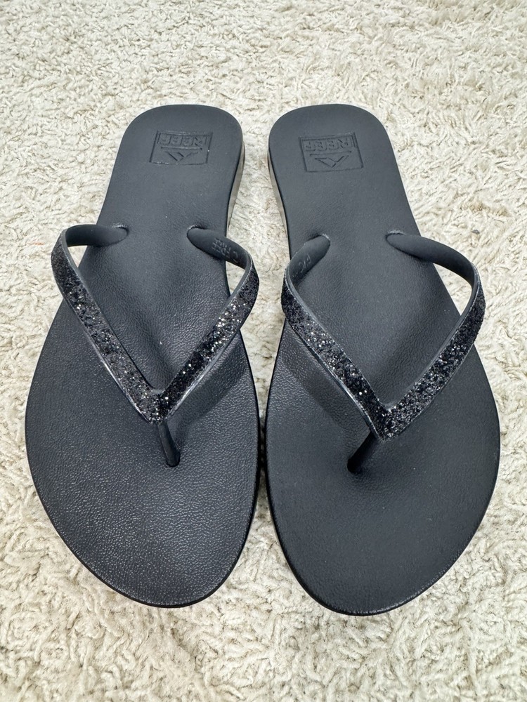 REEF Womens Black Glitter Stargazer Round Toe Flip Flop Sandal Size 7 Beach Pool