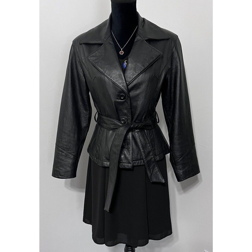 Wilsons Leather Womens Small Black Genuine Belted Trench Coat Buttery Soft