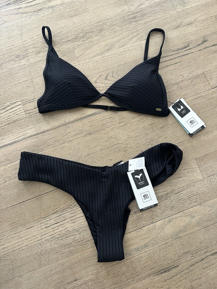 Rip Curl Women Black Premium Surf Triangle Bikini Set Top& Bottom LG Retails $99