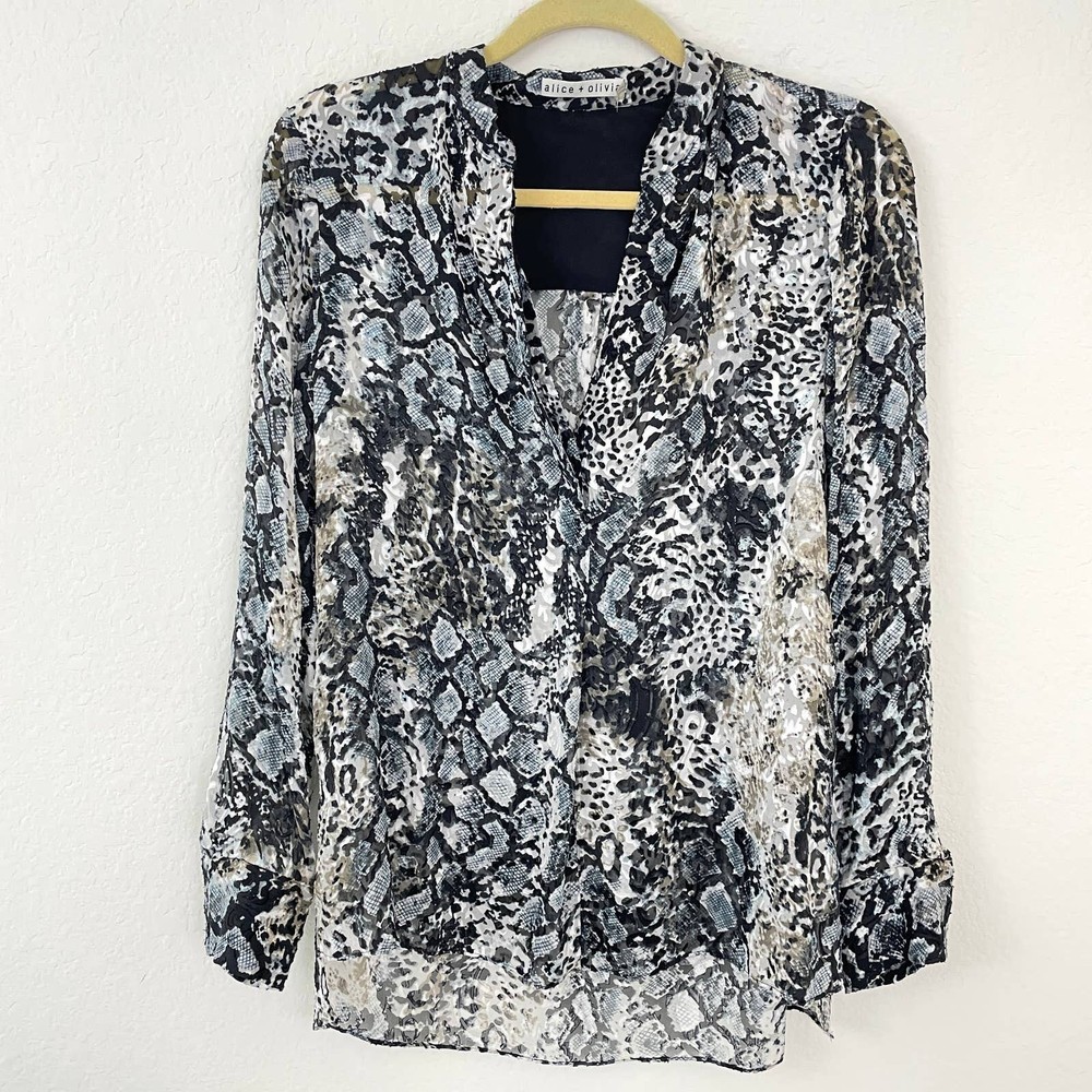 Alice + Olivia Women's Amos Animal Print Tunic Silk Blouse Black Size S