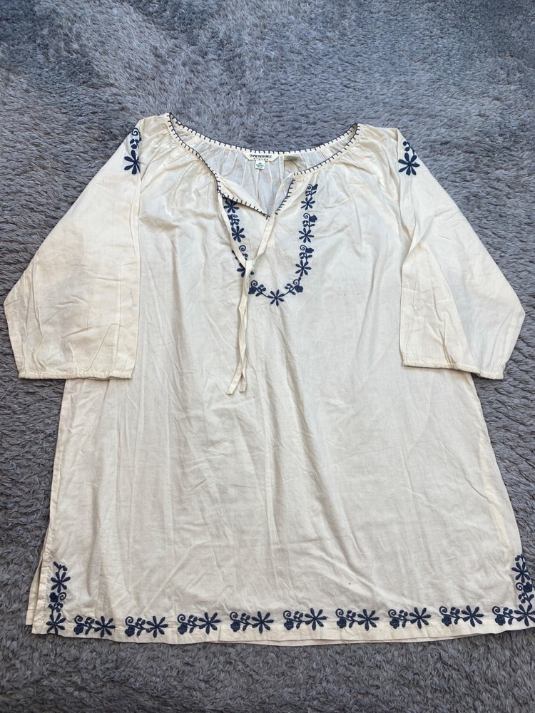 Tantrums Top Women 2XL Beige Floral Embroidered Peasant Cottage Blouse Tunic