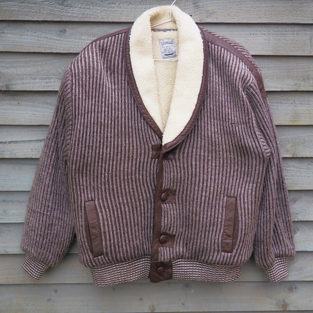 Yankee Clipper Vintage Cord Knit Mens Small Shawl Bomber Jacket Brown Leather