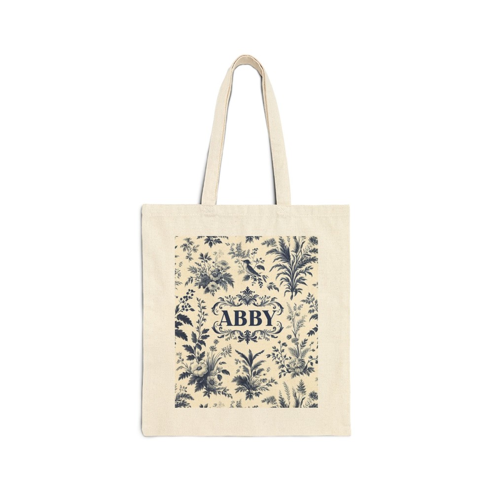 Personalized ABBY Cotton Canvas Tote Bag with Toile Print Design - Gift Idea