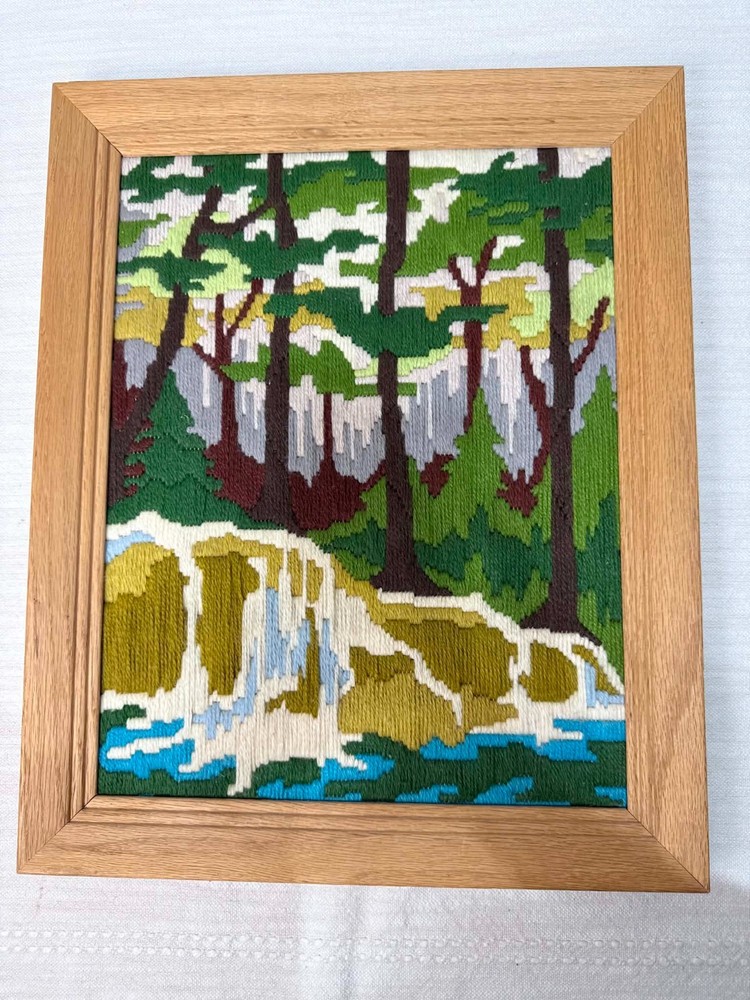VTG Framed Needlepoint Mountain Cabin/Cottage Peaceful Nature Scene Wall Art 15”