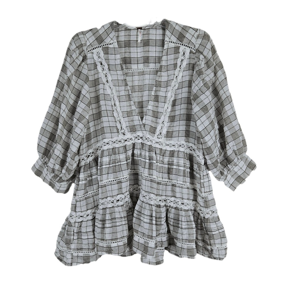 Free People Time Out Lace Shirt Womens Ivory Gray Plaid Tiered Boho Oversized XS