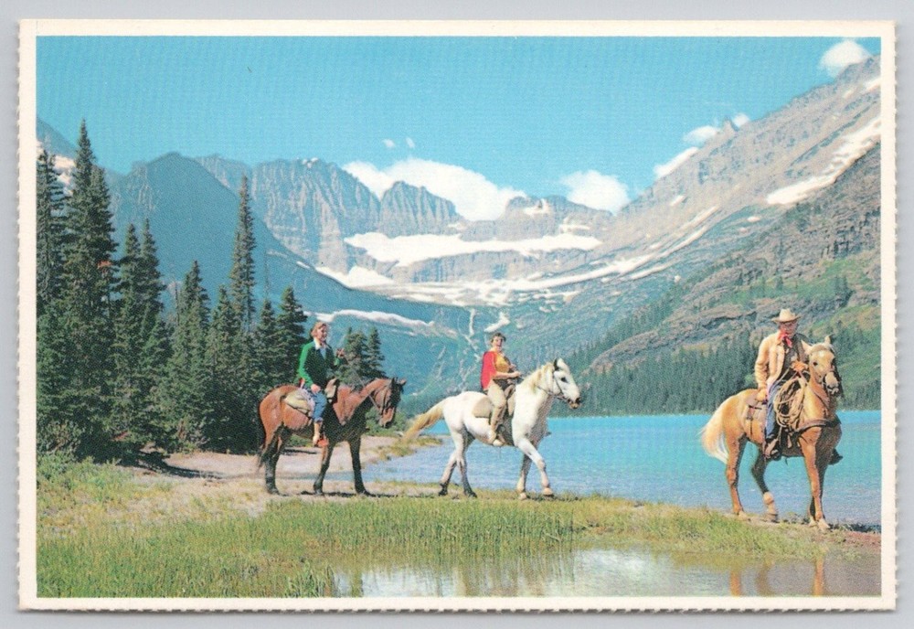 Vintage Glacier National Park MT Horses Lake Mountains Great Northern Railway