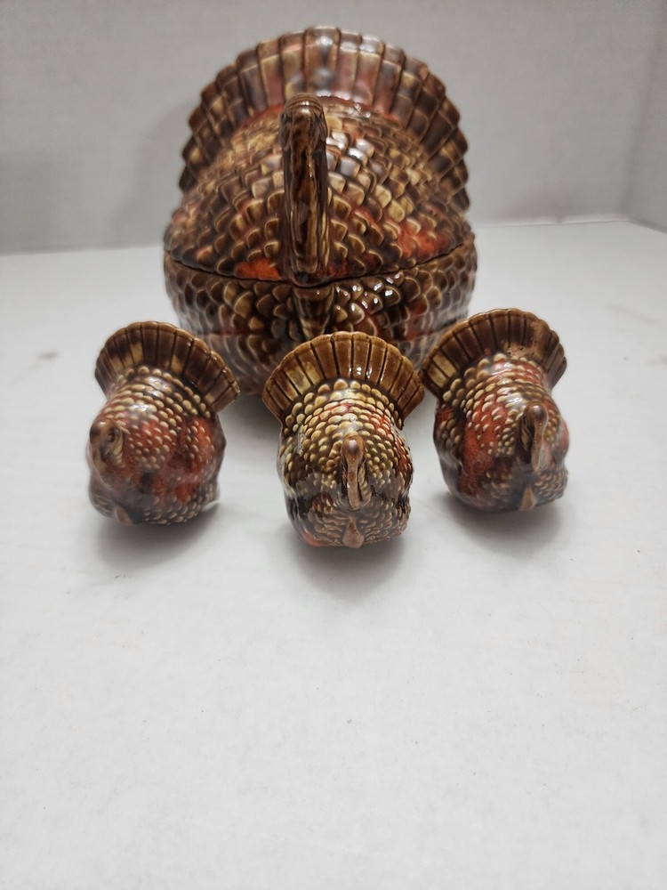 Vintage Ceramic Turkey lidded dish 1970s Thanksgiving Centerpiece Container