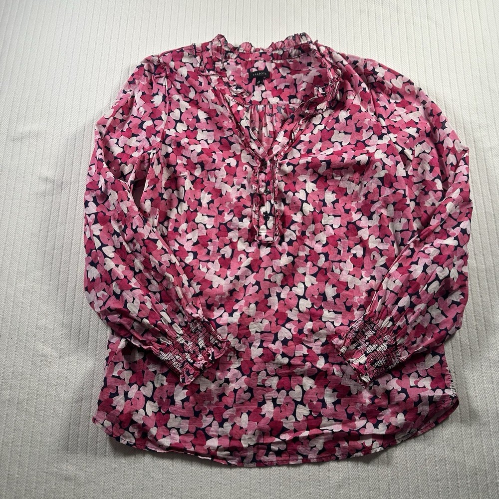Talbots Womens Medium Pink Floral Peasant Blouse Long Sleeve