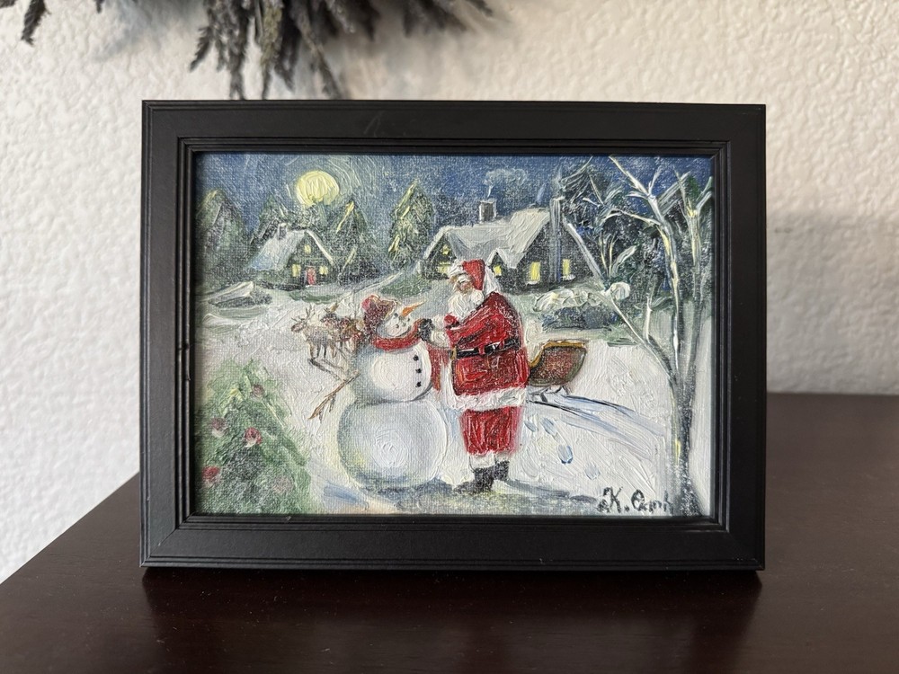ORIGINAL OIL PAINTING SANTA CLAUSE CHRISTMAS WINTER LANDSCAPE SIGNED FRAMED 5x7