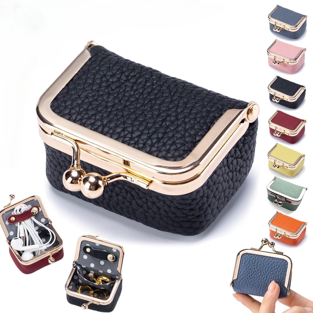 Genuine Leather Mini Jewelry Box Coin Purse with Kiss Lock Mini Wallet for Women