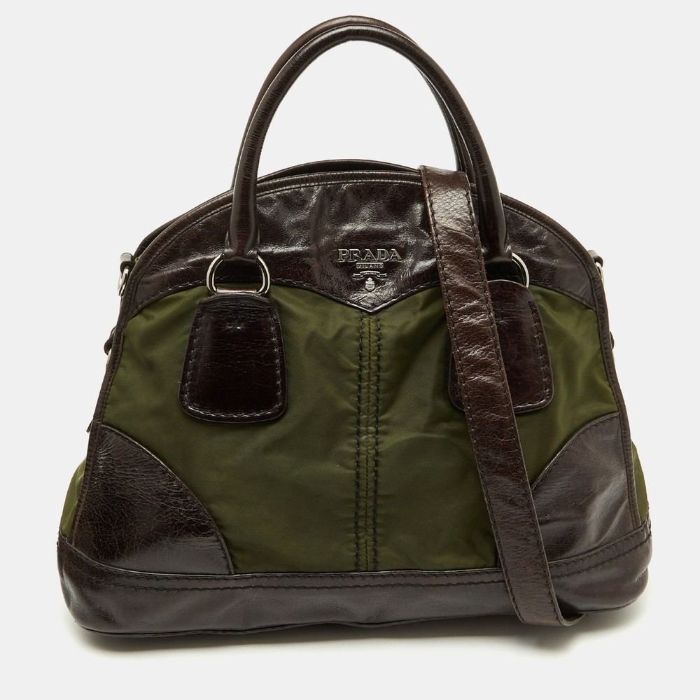 Prada Olive Green Dark Brown Nylon Leather Bauletto Bowler Bag  