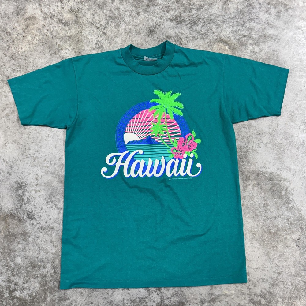 Vintage Hawaii Shirt Mens Large Teal Neon Palm Tree Sunset Graphic Hanes 90s