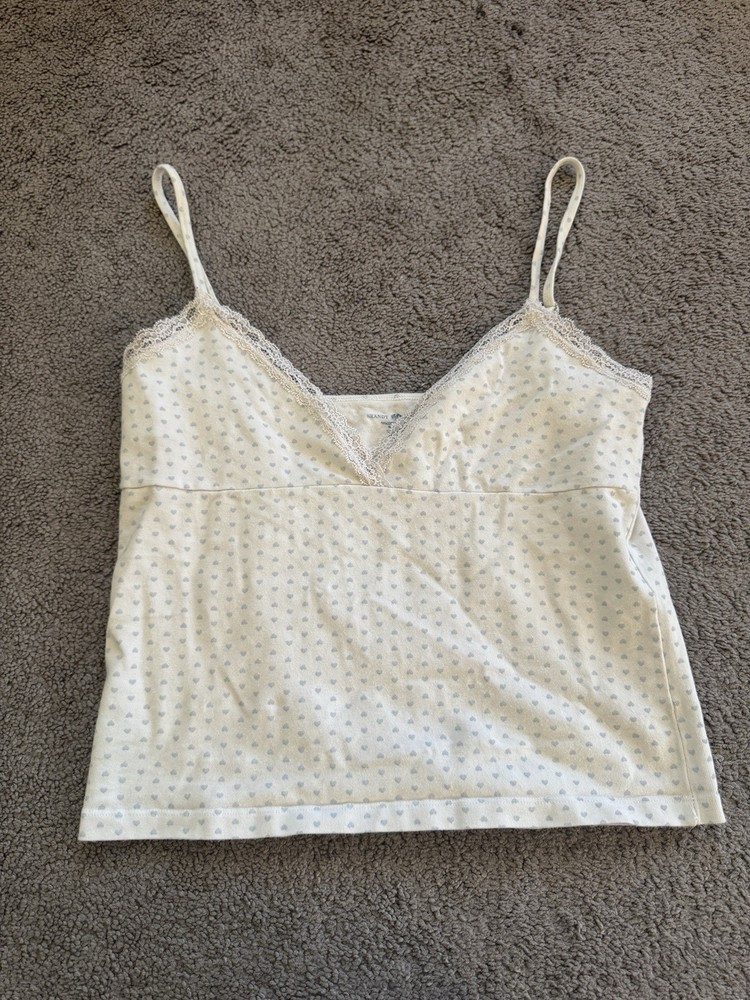 Brandy Melville White Blue Hearts Lace Trim V Neck Tank Top OS