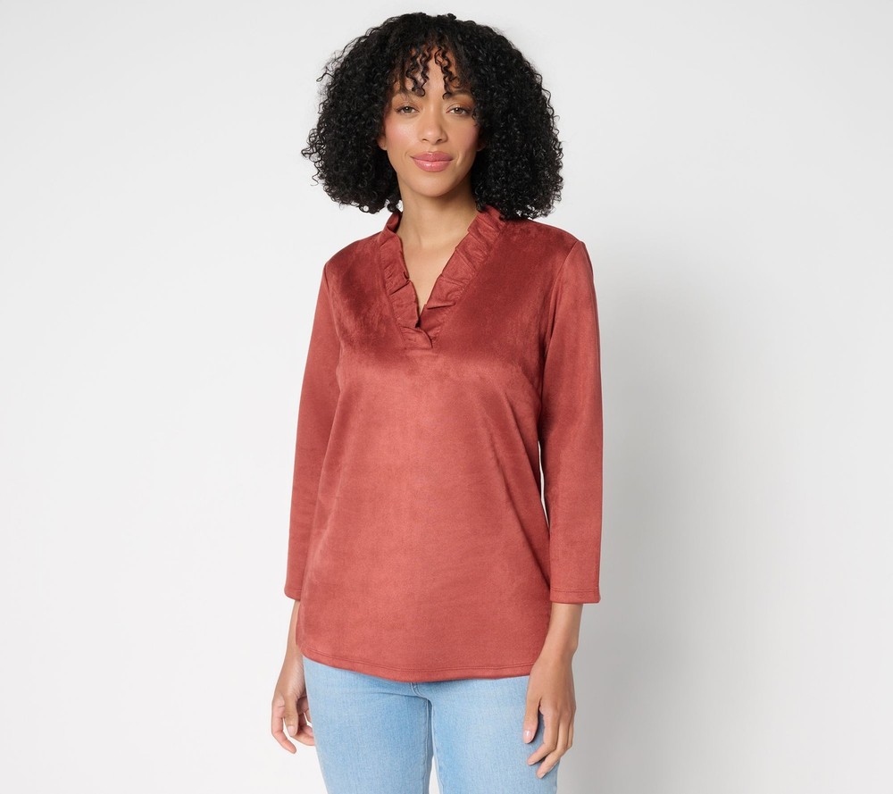 Belle by Kim Gravel Women's Top Sz L PerSuede Me Ruffle Collar V Neck Red