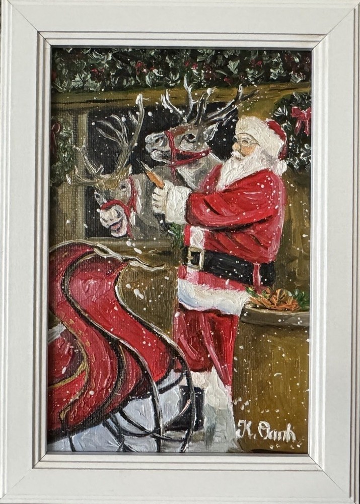 ORIGINAL OIL PAINTING SANTA CLAUSE DEER CHRISTMAS WINTER SIGNED FRAMED 4x6