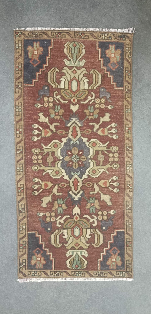 Brown Turkish Vintage Oriental Doormat 1.5x3.1 ft. ,Antique Handmade Kayseri Rug