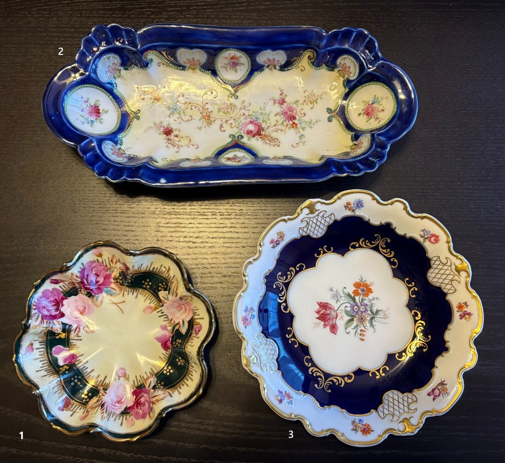 Mismatched China Serving Bowls/Dishes Pink, Gold, Green, Cobalt Blue Lot of 3