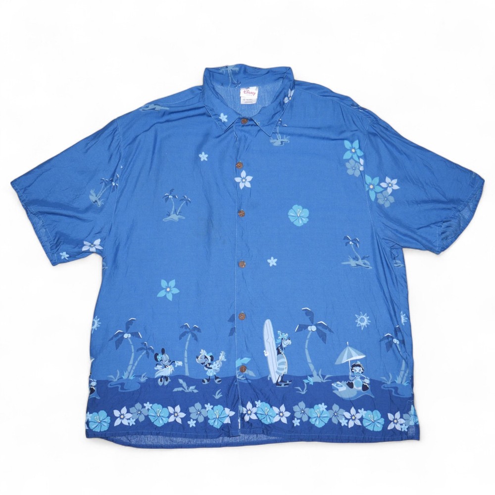 Disney Hawaiian Island Surfs Up Mickey Mouse Button Up Shirt Size XL Blue WDW