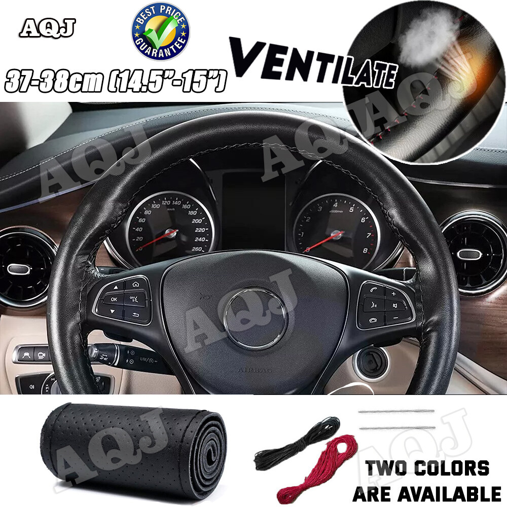 DIY Black Genuine Leather Steering Wheel Cover For Car SUV Truck 14.5