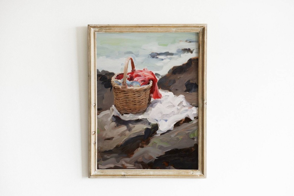 Summer Seaside Painting Antique Lake House Decor Cute Coastal Wall Art