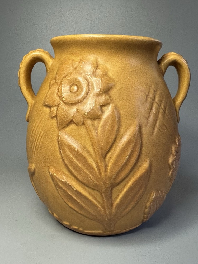 1930s Weller Pottery Manhattan 2 Handle Vase Matte Mustard Yellow / Brown Floral