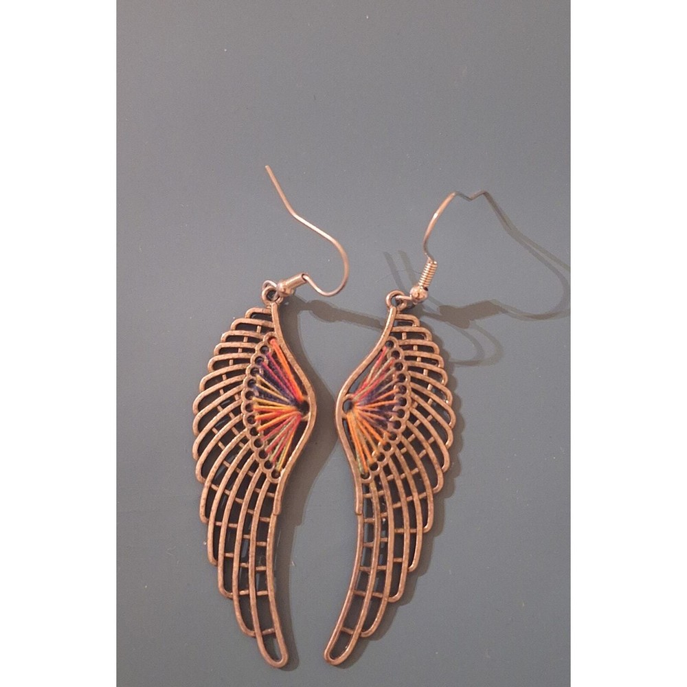Silver Tone Rainbow Thread Dangle Pierced Wing Pair Earrings Boho Witchy