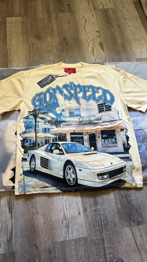Godspeed Men’s L Beige Cotton Jersey Crew Neck Cars Graphic Logo T-Shirt