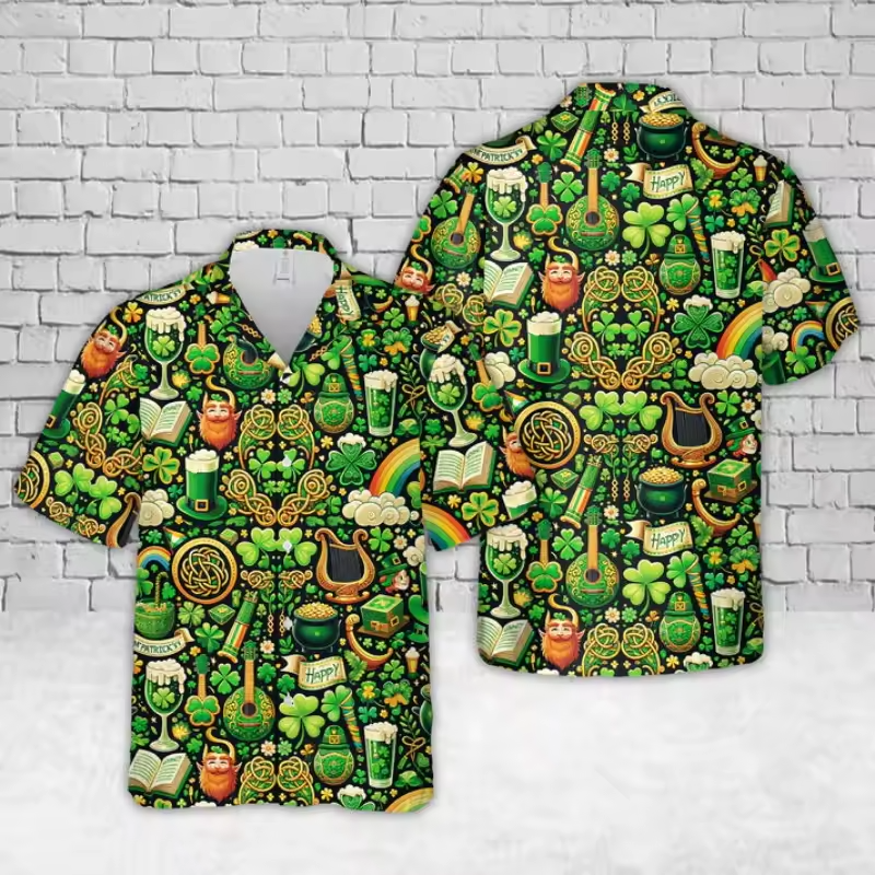 Retro Irish Theme Green Hawaiian Shirt Funny Graphic Casual Button Shirt