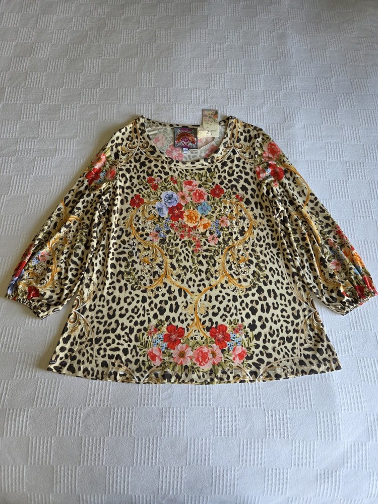 NWT Johnny Was Cheetah Puff Sleeve Top Animal Floral Soft Bamboo Size Large