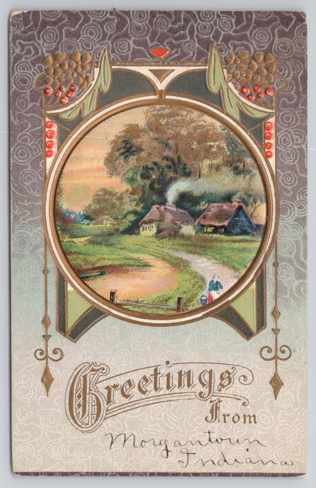 1911 Morgantown Indiana Greetings Art Nouveau Cottage Pond Postcard