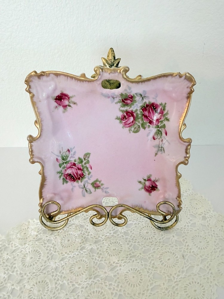 Norcrest Dresden Rose Pink Porcelain Vanity Tray Gold Gilt Floral Wall Plaque