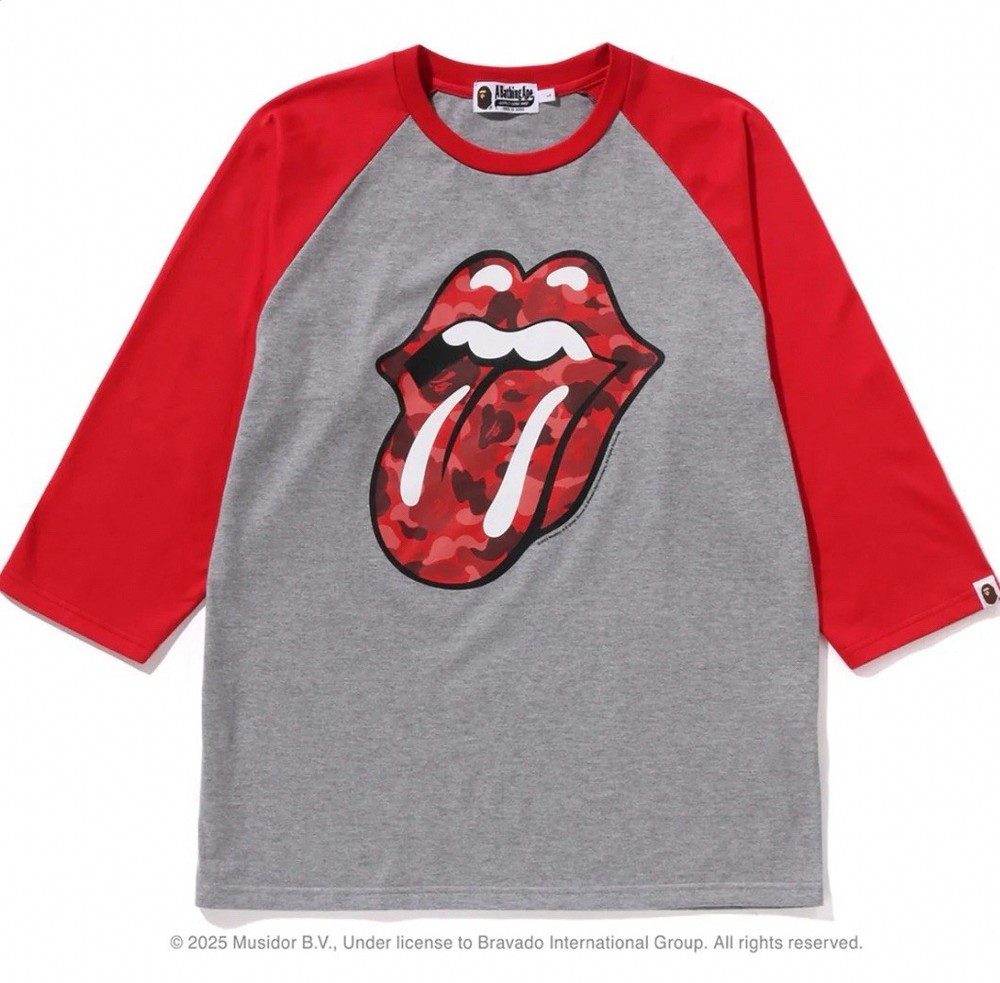 BAPE X Rolling Stones 3/4 Sleeve Tee Mens Designer Streetwear Fashion