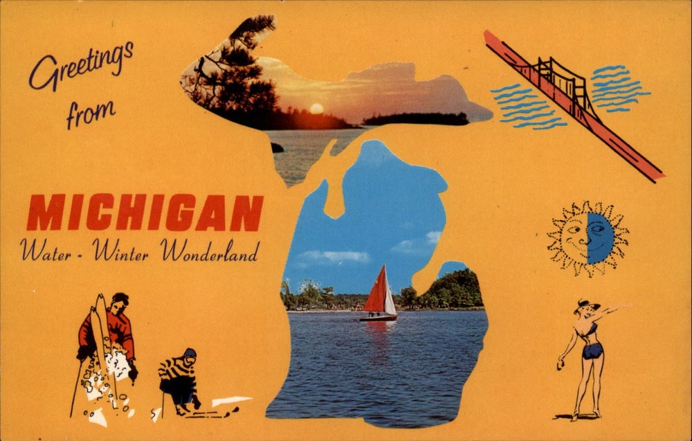Michigan Greetings from Map upper lower peninsulas ~ 1950-60s postcard  ~ s9977