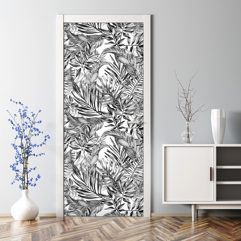 Black Monstera Leaf Bubble-Free Door Sticker Vintage Exotic Decal