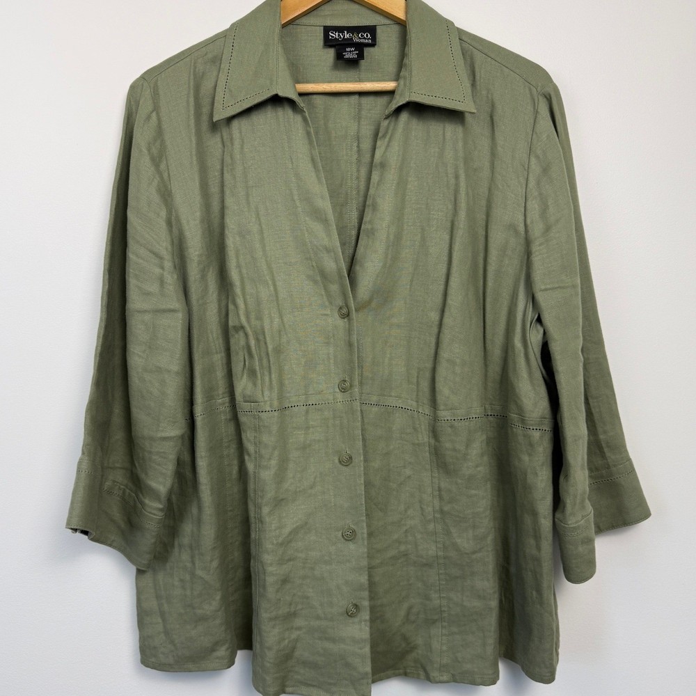 Style & Co Green 100% Linen Button Up Shirt Womens 18W 3/4 Sleeve Coastal