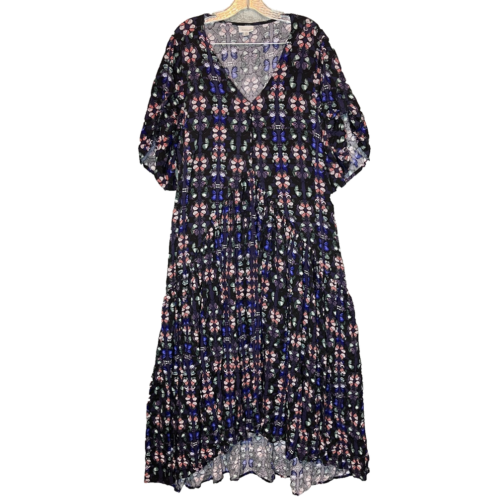 Avenue Women Colorful Butterfly Cottagecore Relaxed Tiered Maxi Dress 20 Plus