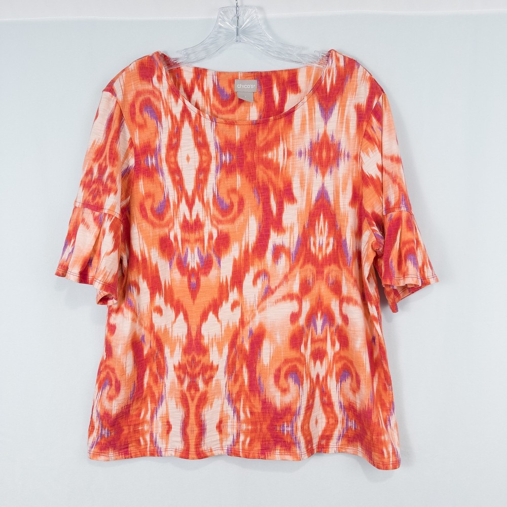 Chicos Ikat Flutter Sleeve Top Womens Size 2 (Large) Colorful Boho Artsy Resort