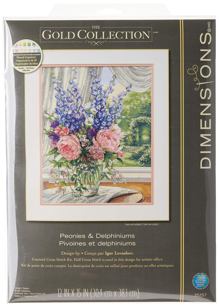 'Peonies and Delphiniums' Floral Counted Cross Stitch Kit, White Aida, 12