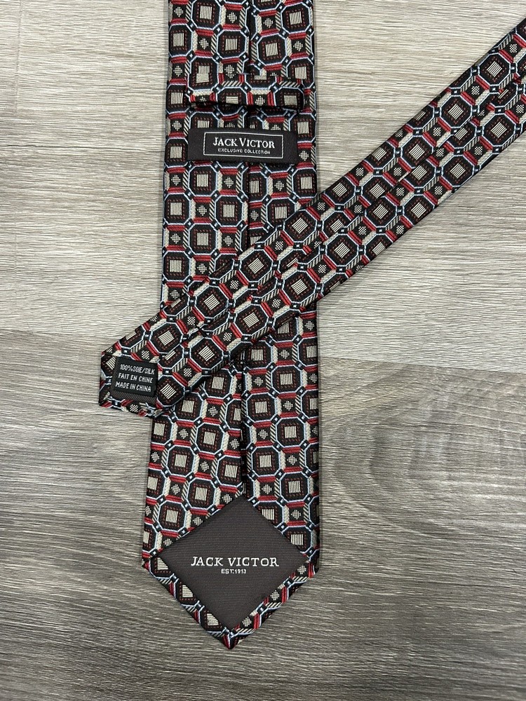Jack Victor Men’s Tie 100% Silk Luxury Designer Tie Geometric Red Black White