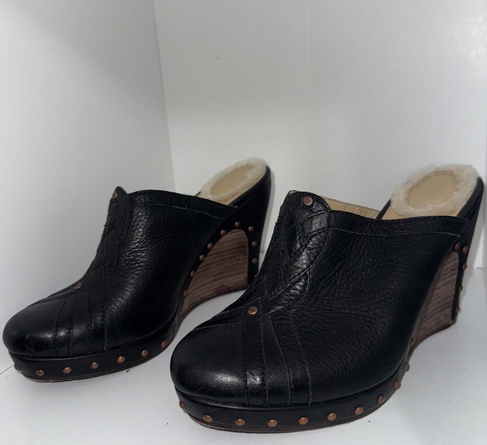 UGG Y2K Abigail Black Leather Studded Wedge Heel Mule Clog Shoes Women’s Size 6