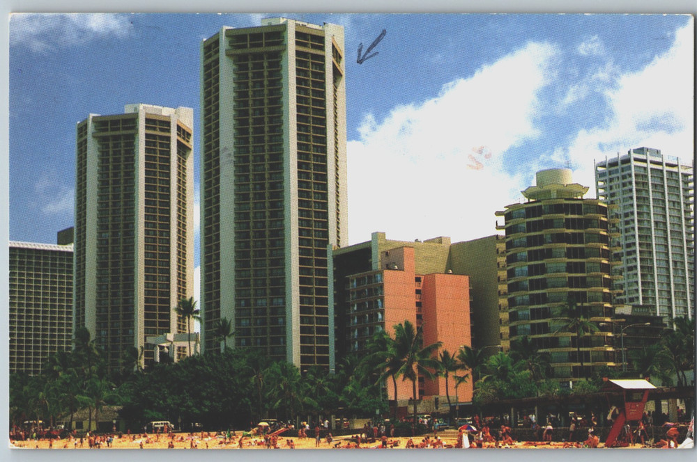 Hawaii Hyatt Regency Hotel Waikiki Beach Honolulu Pineapple Prints Postcard