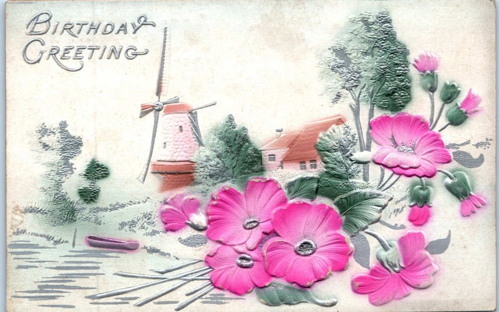 Vintage - Embossed Happy Birthday Hand Painted Windmill Flowers - Postcard - P12