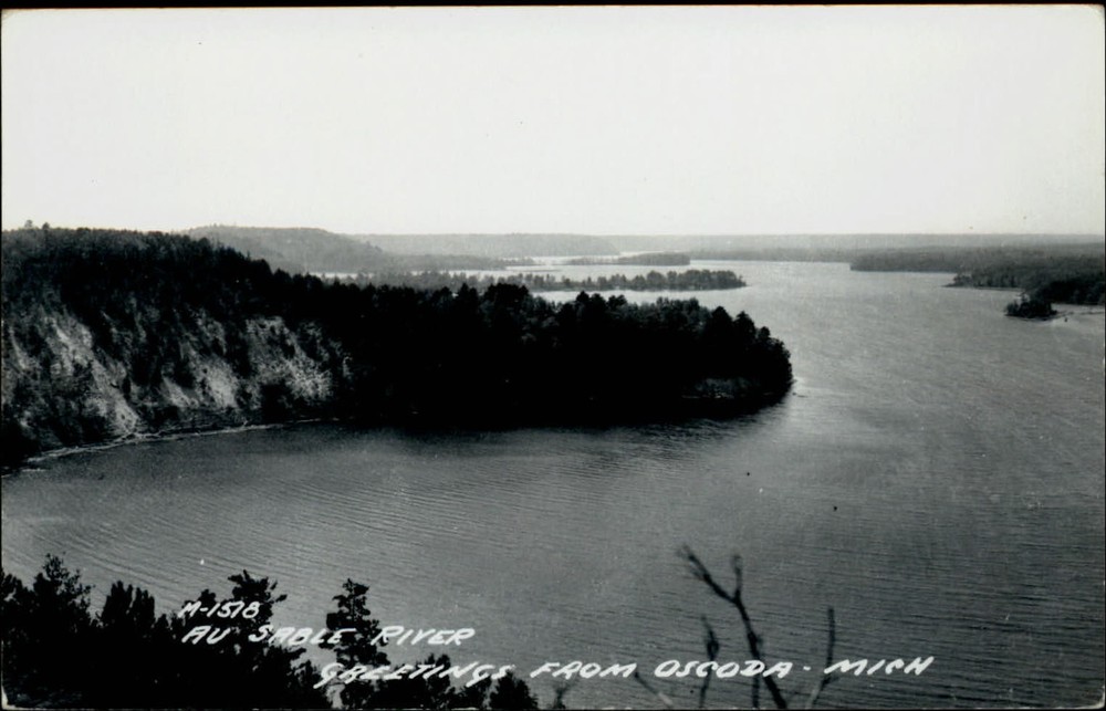 RPPC Oscoda Michigan Au Sable River aerial view unused real photo postcard